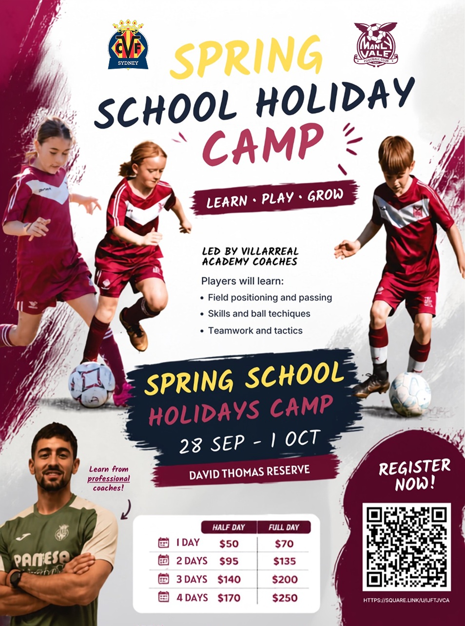Manly Vale FC spring football camp, 28 September to 1 October 2026 at David Thomas Reserve, led by Villarreal Academy coaches.