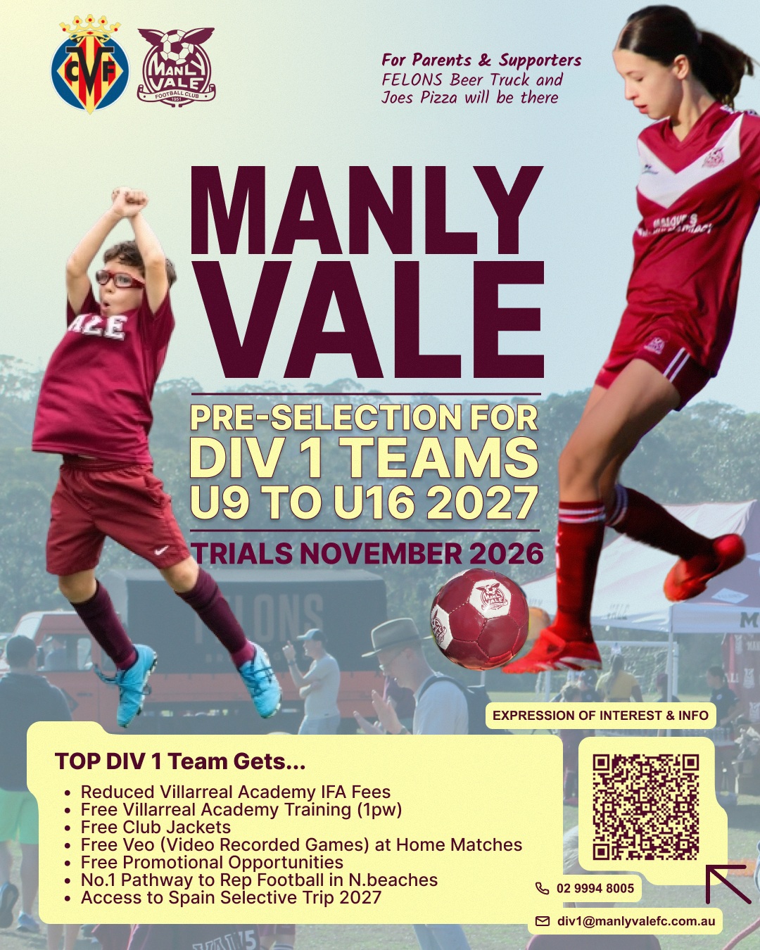 Manly Vale FC Division 1 pre-selection trials for U9 to U16 in November 2026 for the 2027 season