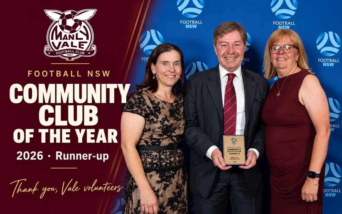 Manly Vale FC crest and award presentation photo. Football NSW Community Club of the Year 2026, runner-up. Thank you, Vale volunteers.